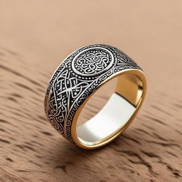 A meticulously designed, high-quality Arabic ring, intricately etched with traditional patterns and motifs, entirely devoid of gemstones.