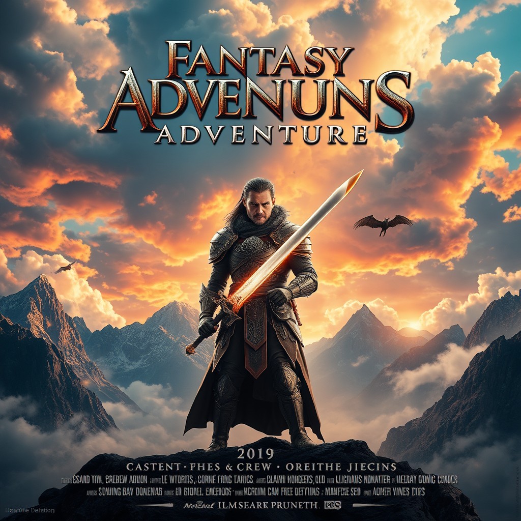 A stunning movie poster featuring a dramatic and action-packed scene from a fantasy adventure film