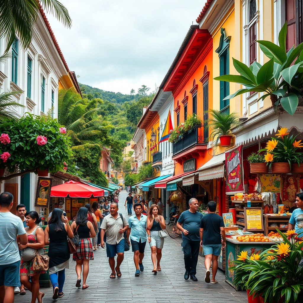A vibrant street scene in Colombia, showcasing a famous Colombian street filled with colorful colonial architecture, lush greenery, and lively local vendors