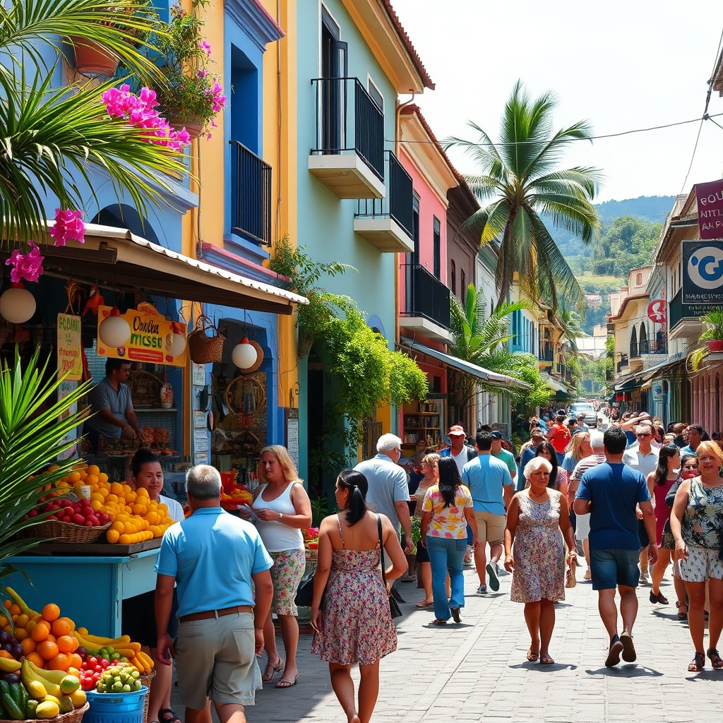 A lively street scene in Colombia, featuring a bustling market with colorful stalls selling fresh fruits, local snacks, and handmade crafts