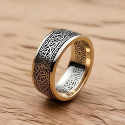 A meticulously designed, high-quality Arabic ring, intricately etched with traditional patterns and motifs, entirely devoid of gemstones.