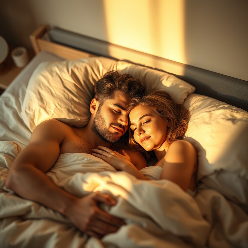 A serene and intimate scene of a man and a woman lying in bed together, surrounded by soft, plush bedding