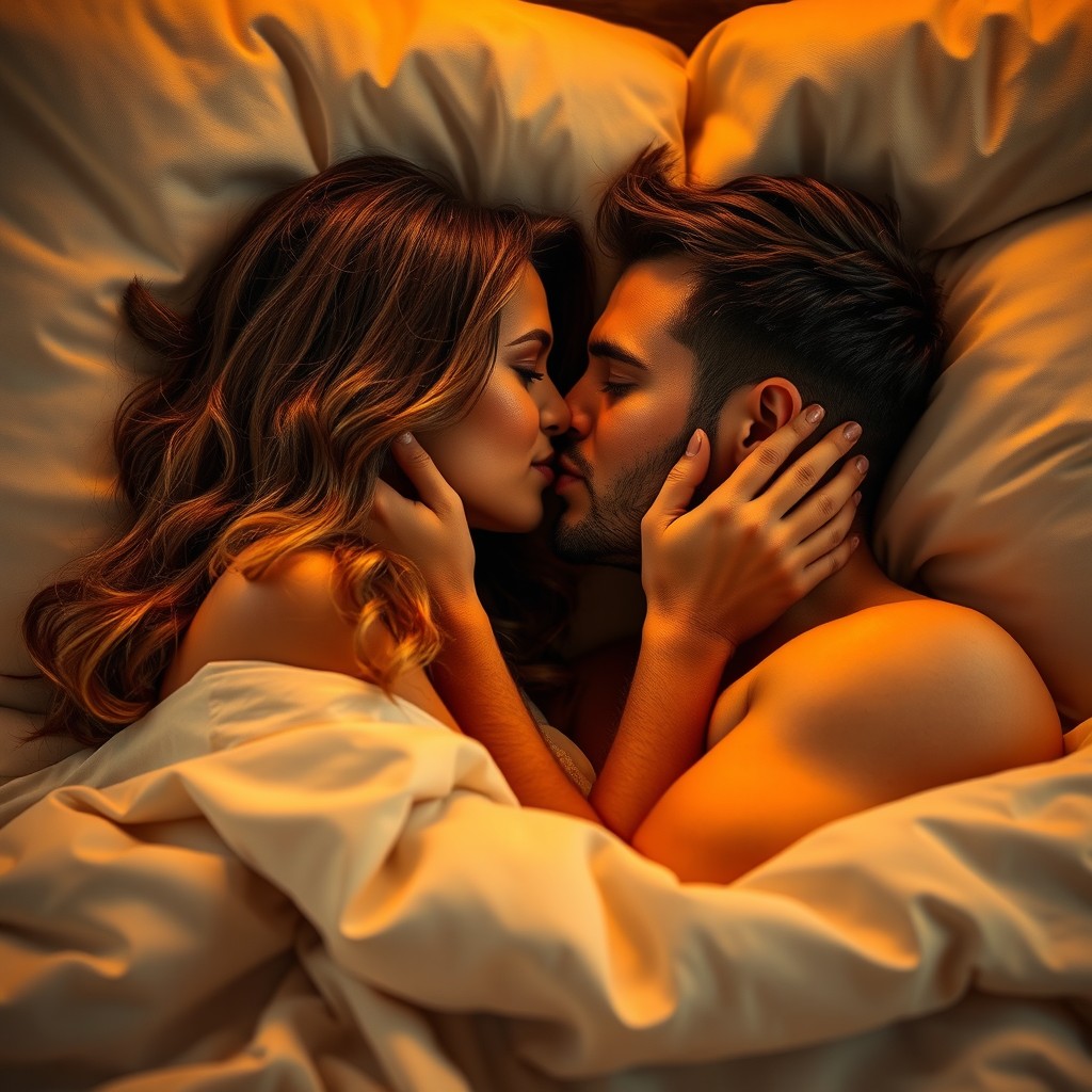 A romantic scene of a man and a woman in bed, deeply engaged in a tender kiss