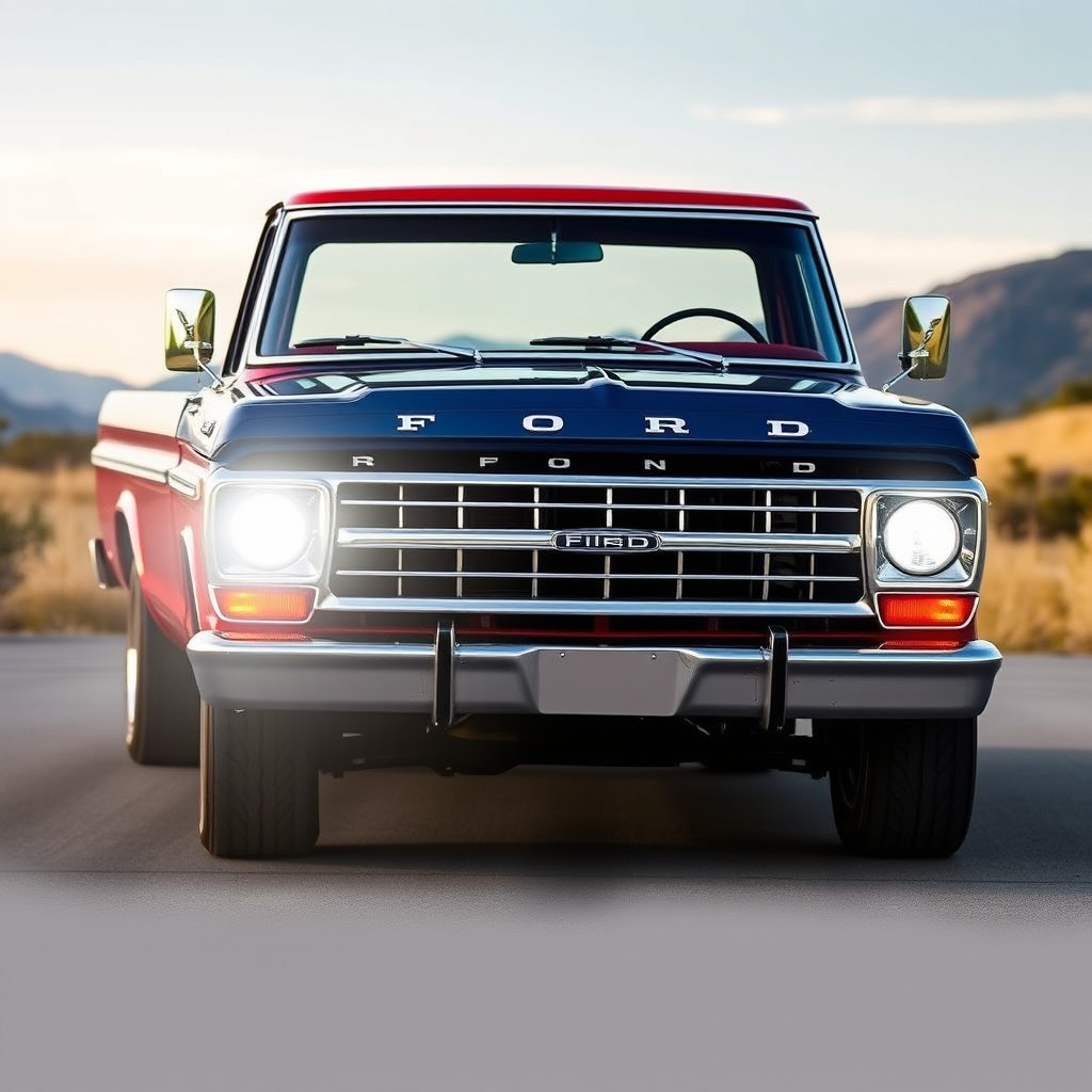 A Ford F100 classic truck featuring modern LED headlights and taillights, combining a sleek contemporary design while retaining the iconic classic essence of the vehicle