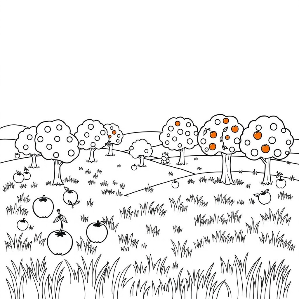 A coloring page depicting a serene countryside scene with a variety of fruit trees, such as apple, orange, and cherry trees, scattered throughout a grassy field