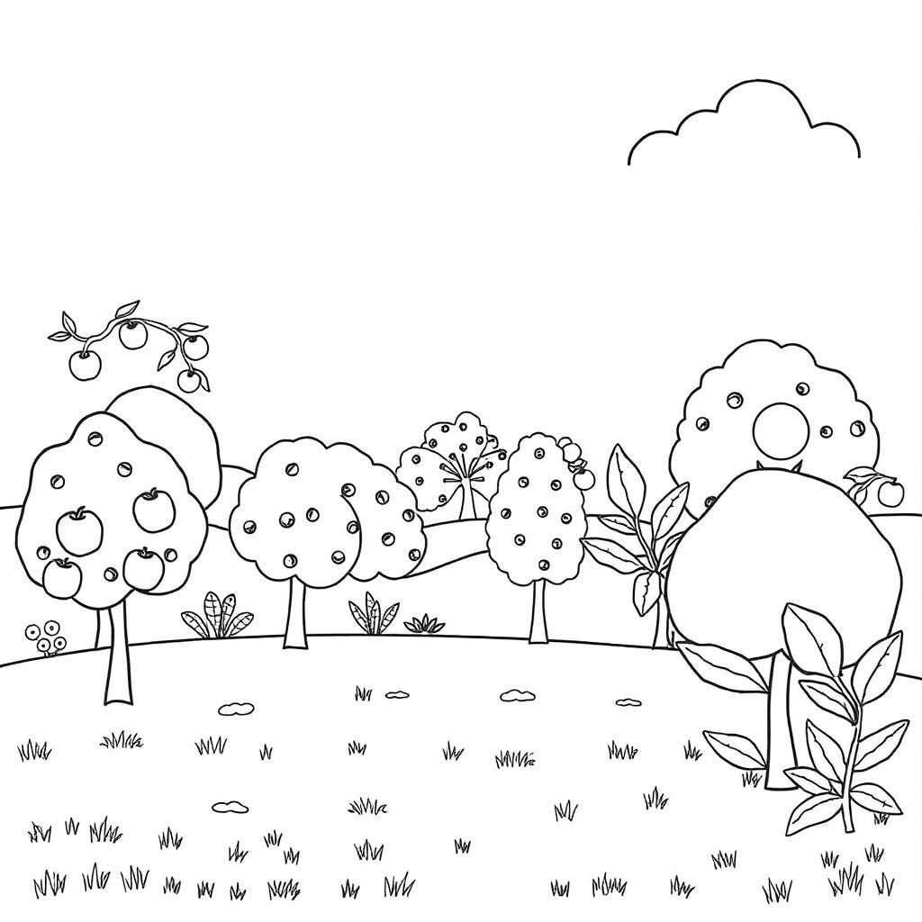 A coloring page featuring a peaceful countryside landscape filled with various fruit trees, such as apple, banana, and orange trees
