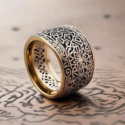 A meticulously designed, high-quality Arabic ring, intricately etched with traditional patterns and motifs, entirely devoid of gemstones.