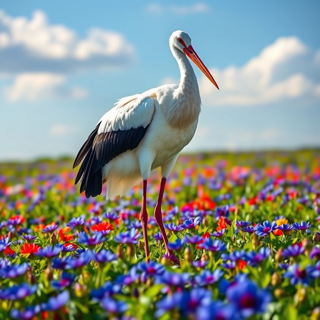 A majestic stork standing gracefully in a vibrant field filled with blooming cornflowers (vasilki)