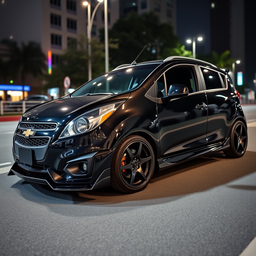 A sleek and stylish Chevrolet Spark LT with exterior modifications, featuring a glossy black finish