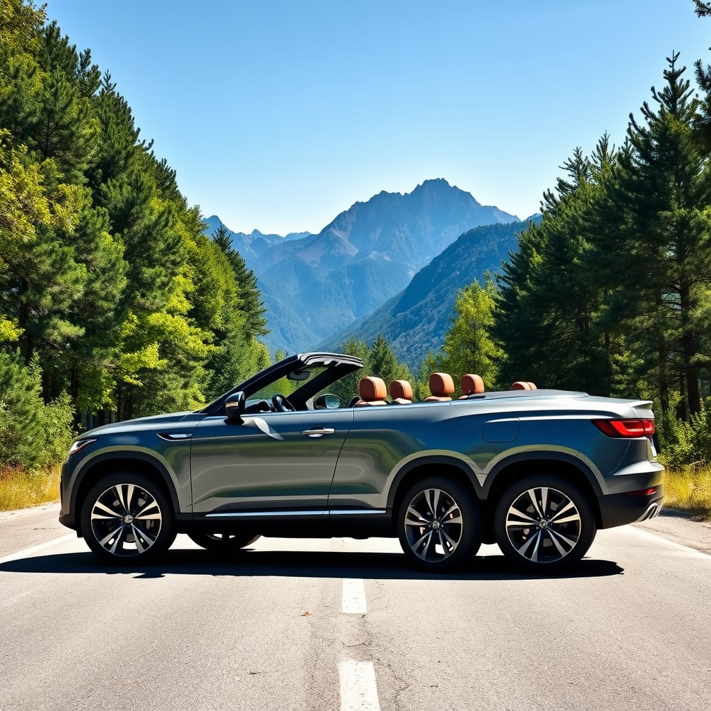 A luxurious convertible 4x4 vehicle, sleek and modern, parked on a scenic mountain road