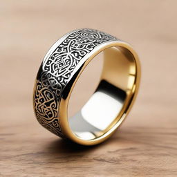 A meticulously designed, high-quality Arabic ring, intricately etched with traditional patterns and motifs, entirely devoid of gemstones.