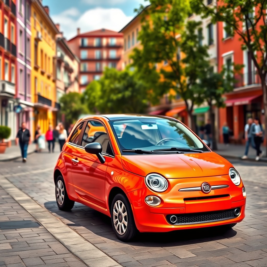 A stylish and modern Fiat Uno parked on a picturesque street with colorful buildings in the background