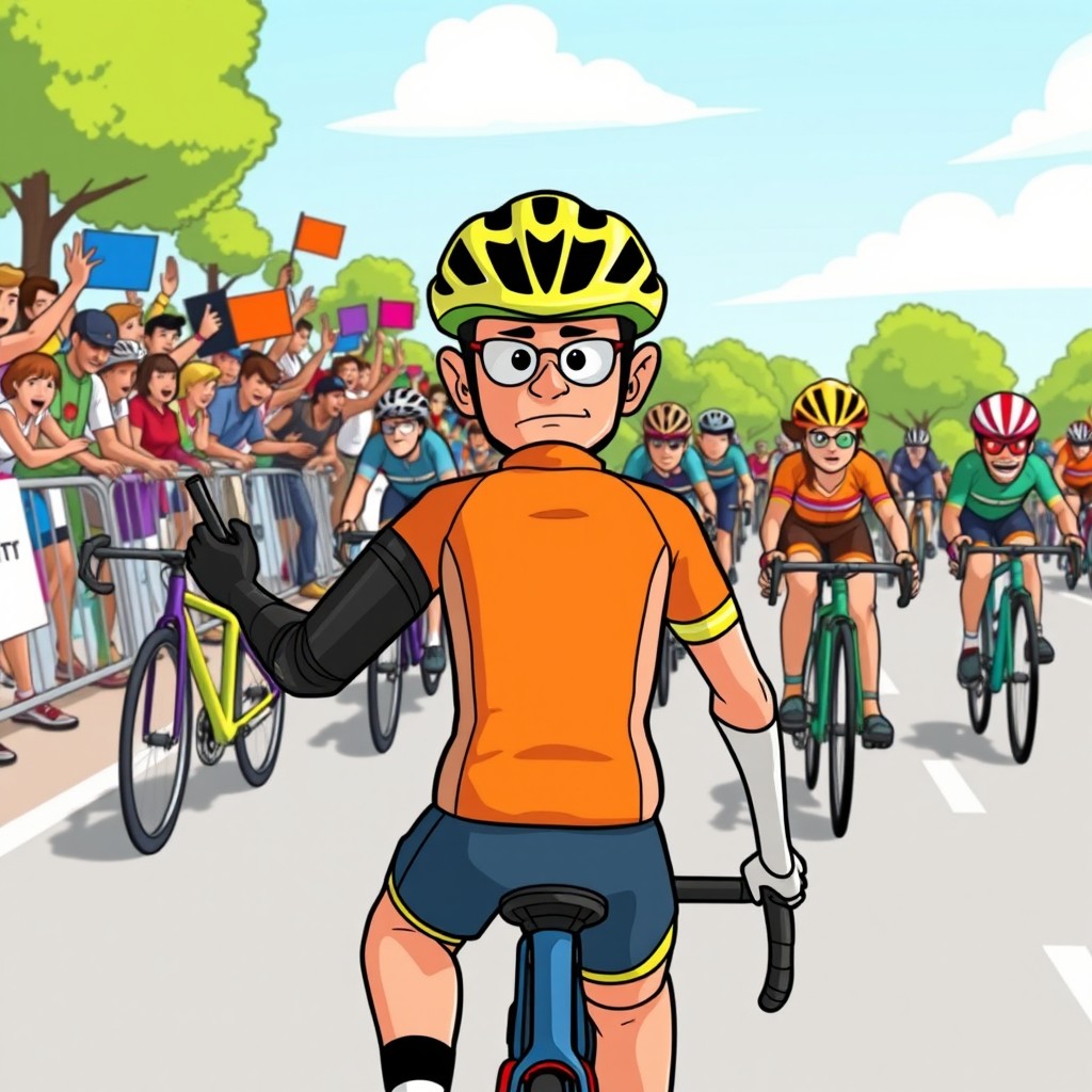 A colorful cartoon scene of a bicycle race featuring various cyclists