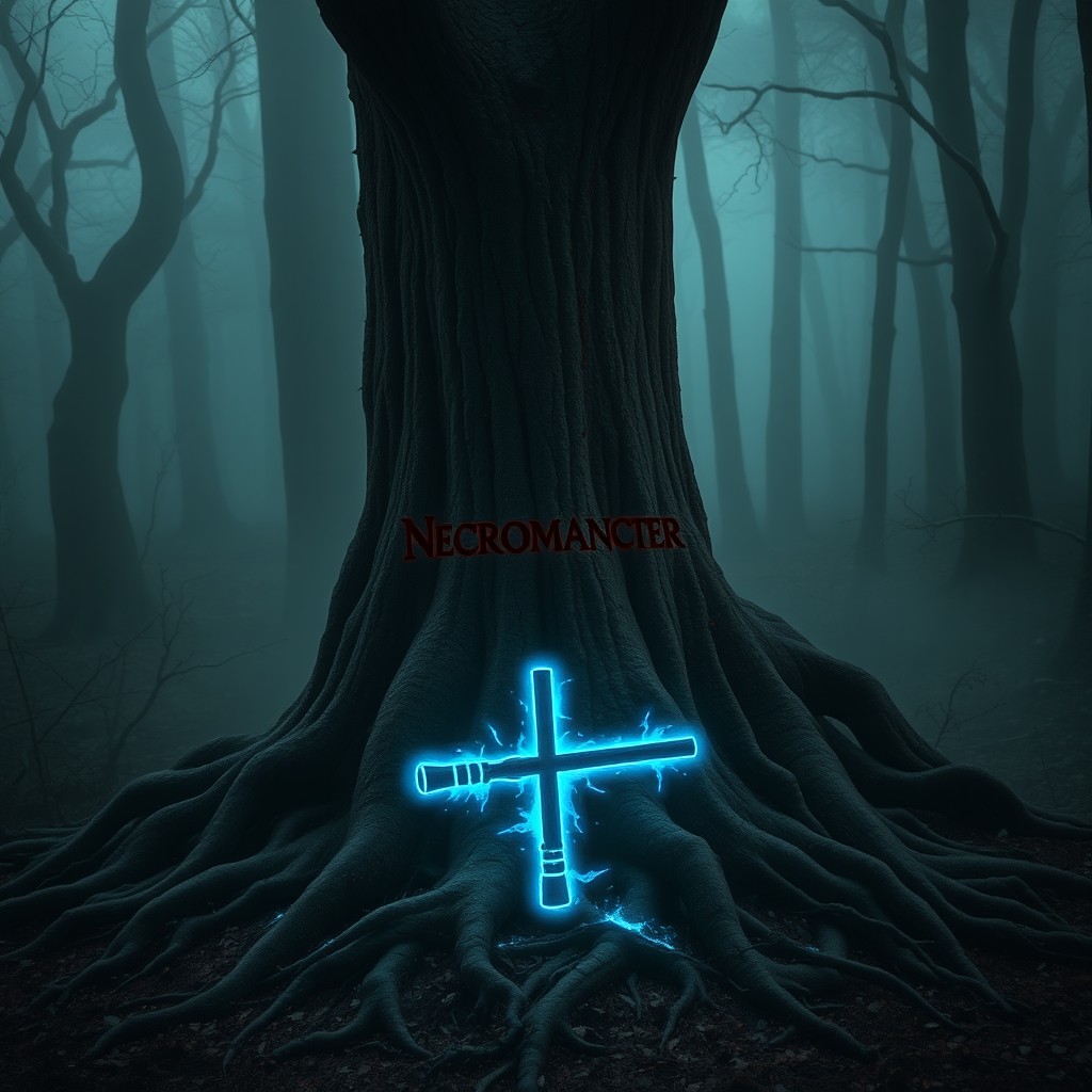 A dark forest shrouded in gloomy mist, with rotting tree roots exuding a vibrant blue energy that forms the outline of a flute at the base of a tree trunk