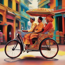 A lively image of a couple in a richly colored rickshaw, highlighting the intricate designs of this traditional mode of transport. The scene could be set in a bustling, vibrant city, reflecting the energy and color of urban life.