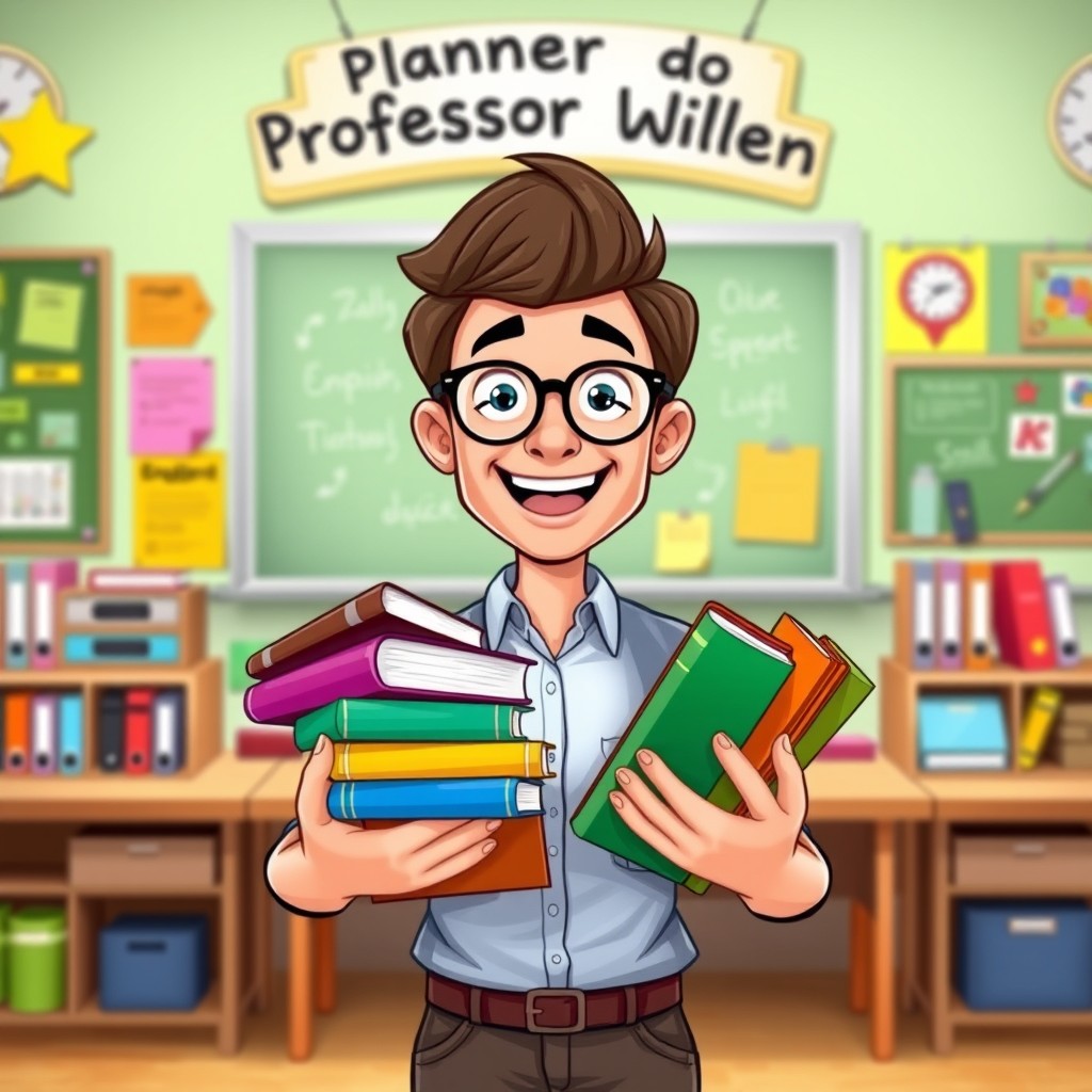 A cartoon-style image of a cheerful teacher holding a stack of colorful books in both hands