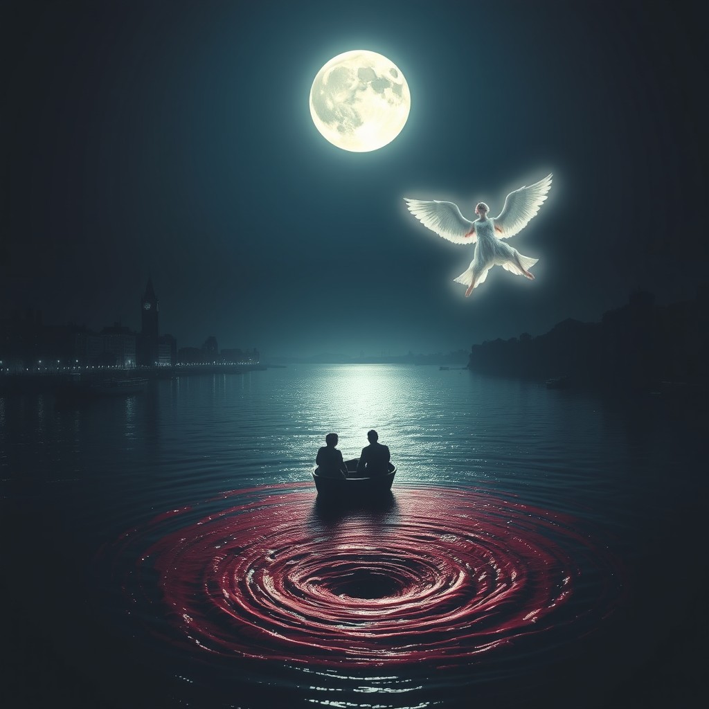 Two people, only their profiles visible, in a small rowing boat at the center of a river at night, illuminated by a bright full moon