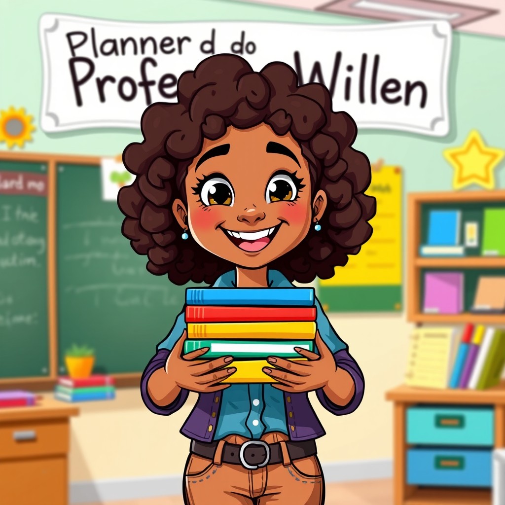A cartoon-style image of a cheerful teacher with brown skin and curly hair, holding a stack of colorful books in both hands