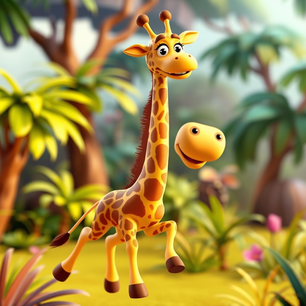 A 3D cartoon giraffe with a long, elegant neck and a big, friendly smile, spinning slowly in a vibrant and stylized jungle or savanna setting