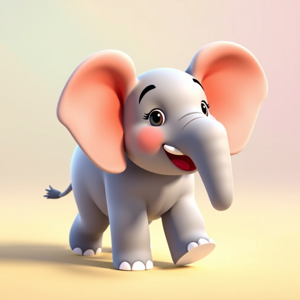 A 3D elephant marching proudly with a cute and round design, featuring a joyful expression and oversized ears