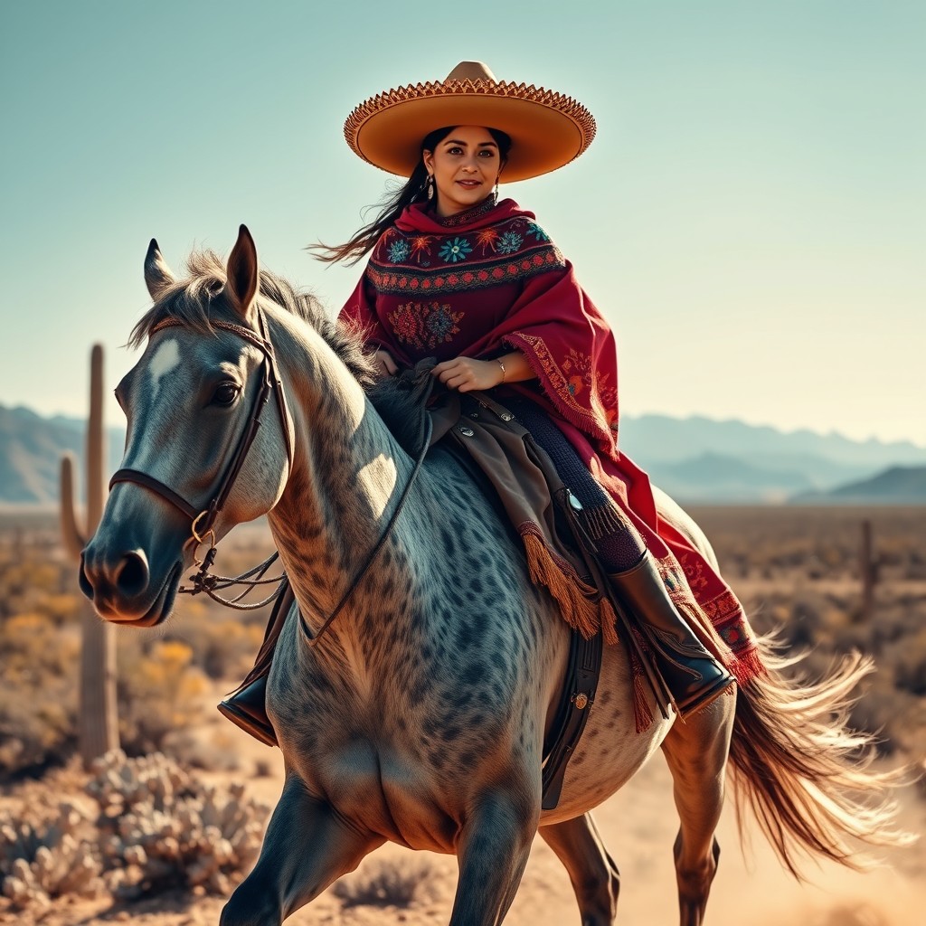 A striking Mexican bandita, adorned in traditional vibrant clothing with intricate embroidery, riding a majestic dapple gray horse across a sunlit landscape