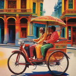 A lively image of a couple in a richly colored rickshaw, highlighting the intricate designs of this traditional mode of transport. The scene could be set in a bustling, vibrant city, reflecting the energy and color of urban life.