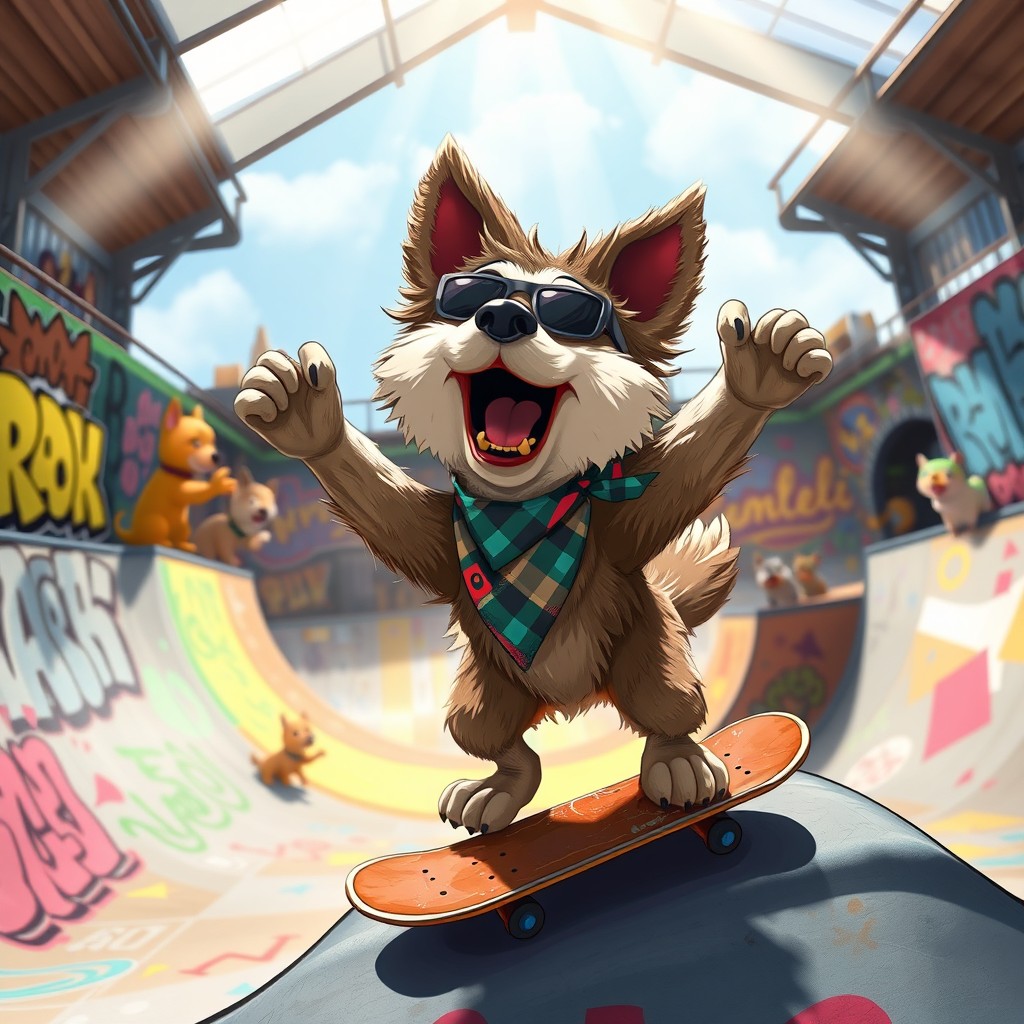 A vibrant animated scene depicting a hyperactive dog with a shiny, fluffy coat, enthusiastically rapping while performing tricks on a skatepark ramp