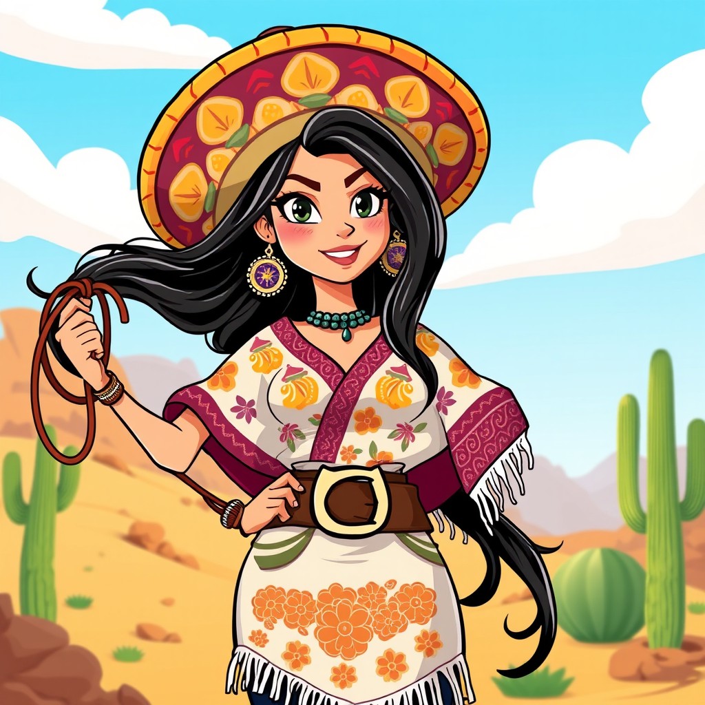 A vibrant cartoon illustration of a female Mexican bandita, featuring a strong and confident posture