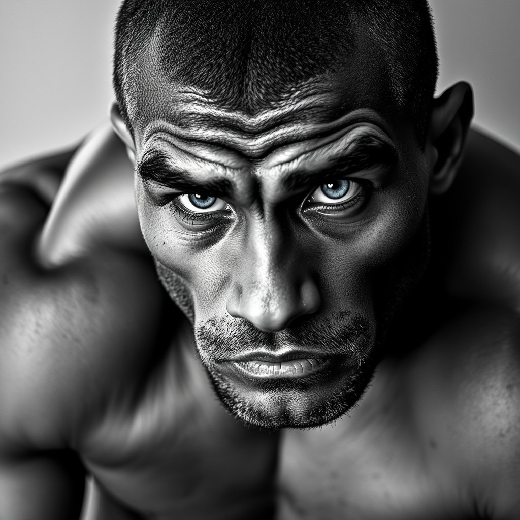 A close-up portrait of a muscular male boxer with a strong build, covered in fur
