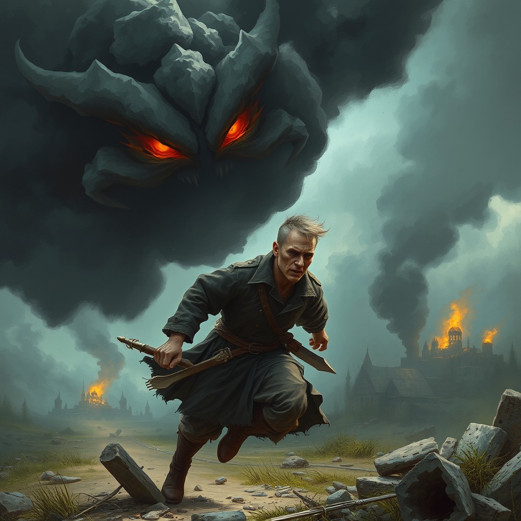 A Zaporizhian Cossack with a short haircut, running in fear from a dark cloud with demon-like eyes