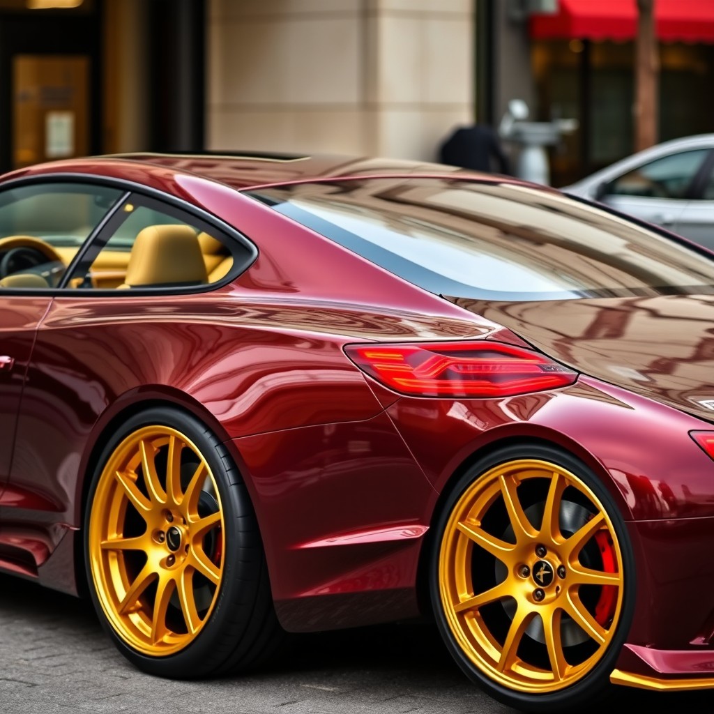 A luxurious car with golden rims and a beige interior