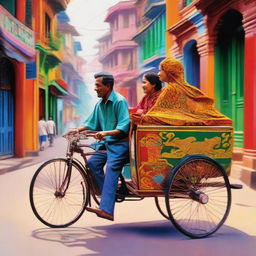 A lively image of a couple in a richly colored rickshaw, highlighting the intricate designs of this traditional mode of transport. The scene could be set in a bustling, vibrant city, reflecting the energy and color of urban life.