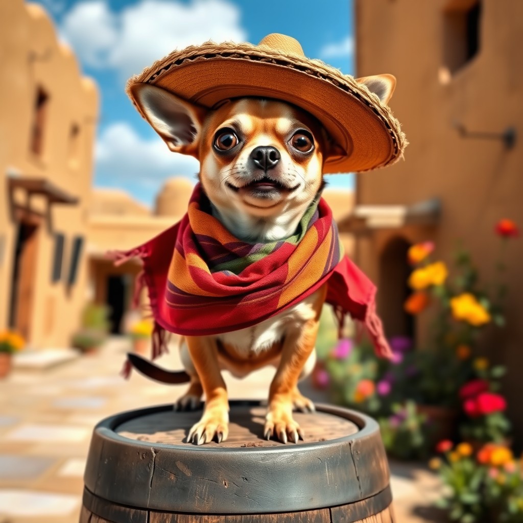 A charming Chihuahua dressed as a bandito, complete with a tiny sombrero and a colorful serape draped around its little body