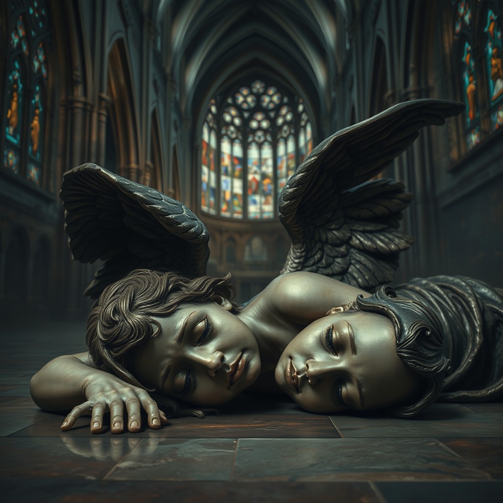 A sorrowful angel, colored like weathered bronze, laying on the floor of a gothic cathedral