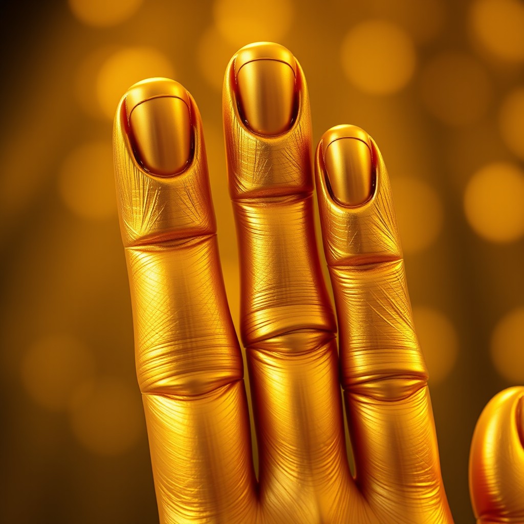 A close-up image of two thumbs and two index fingers of one hand, all elegantly glued together, crafted from shiny, luxurious gold