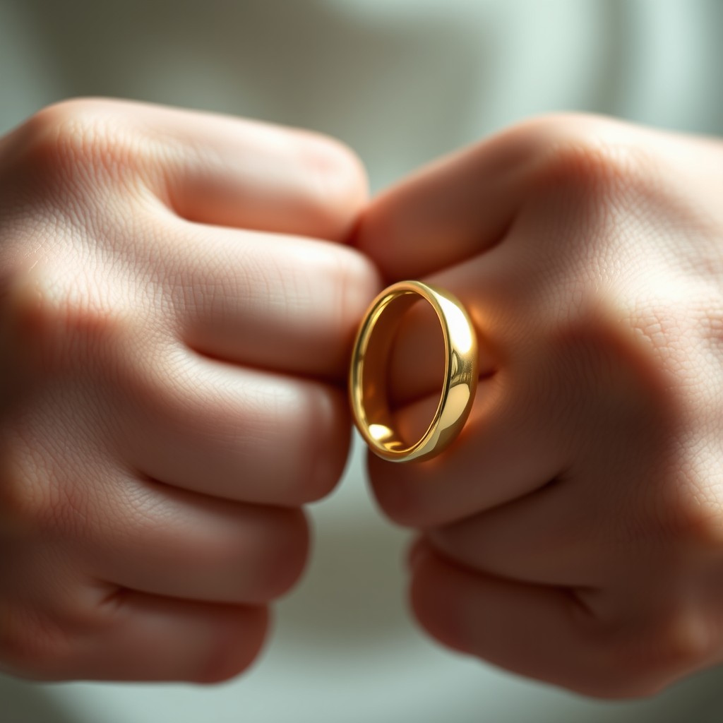 A stunning close-up image featuring two gold rings, where two thumbs are pressed together and two index fingers are intertwined forming a diamond shape