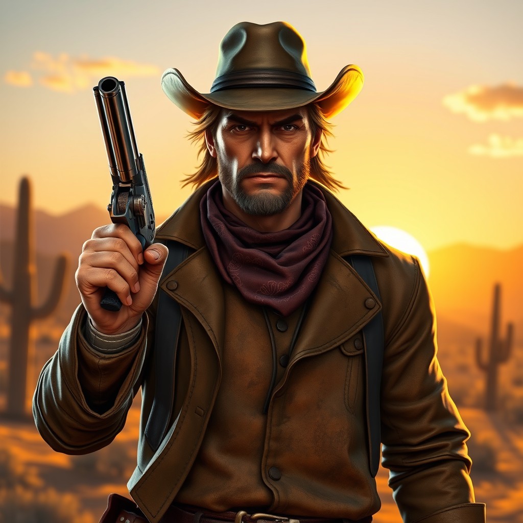 A rugged cowboy standing confidently in a wild west setting, holding a revolver with a strong grip