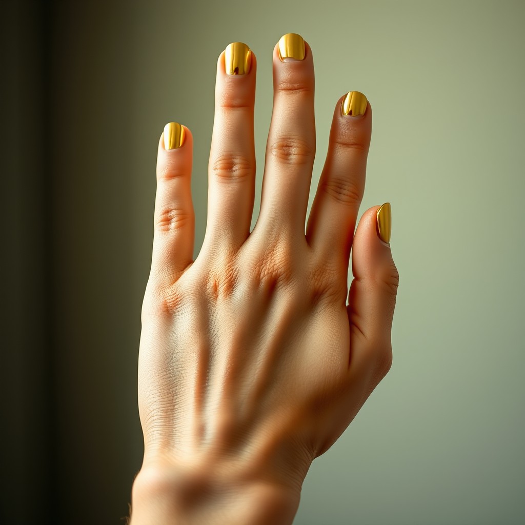 A hand displaying four fingers arranged to form a diamond shape, crafted from shiny gold