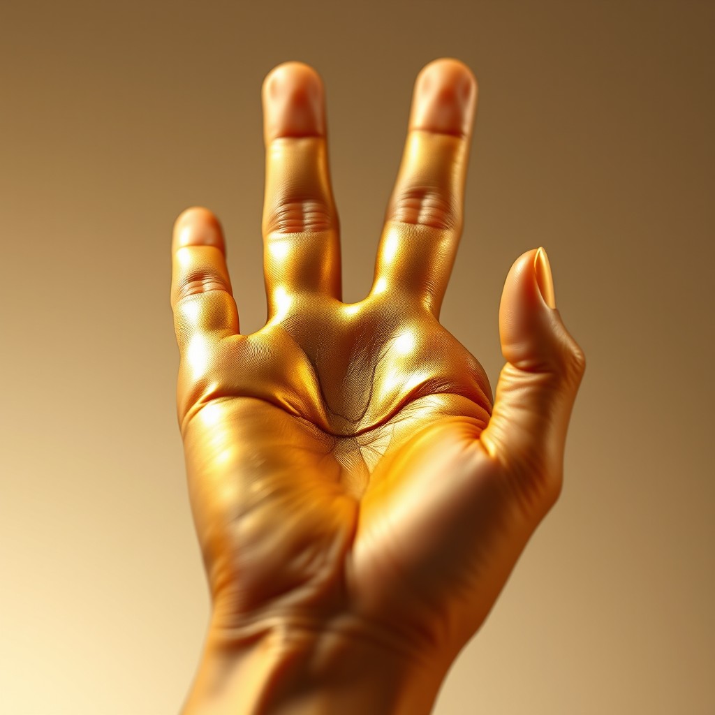 A hand with four fingers expertly positioned and touching to form a beautiful diamond shape, rendered in shiny gold