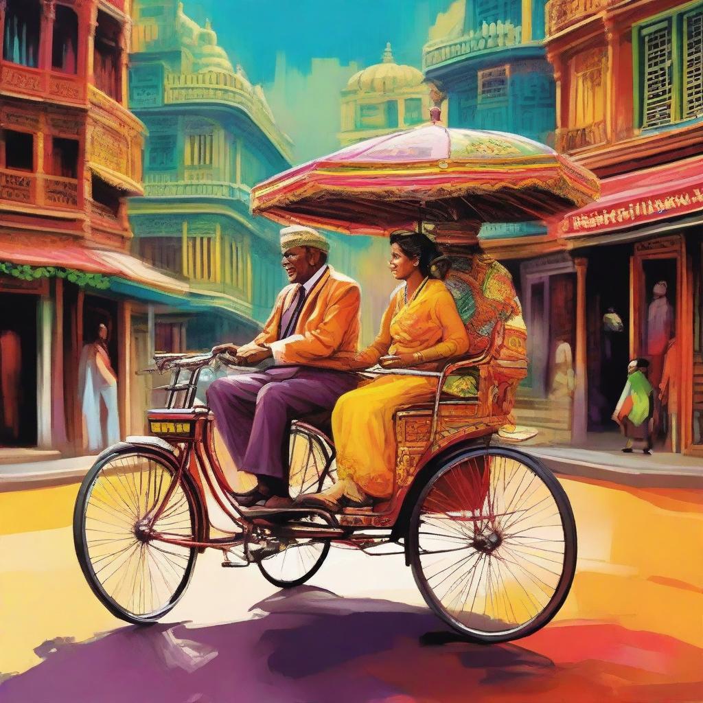 A lively image of a couple in a richly colored rickshaw, highlighting the intricate designs of this traditional mode of transport. The scene could be set in a bustling, vibrant city, reflecting the energy and color of urban life.