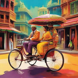 A lively image of a couple in a richly colored rickshaw, highlighting the intricate designs of this traditional mode of transport. The scene could be set in a bustling, vibrant city, reflecting the energy and color of urban life.