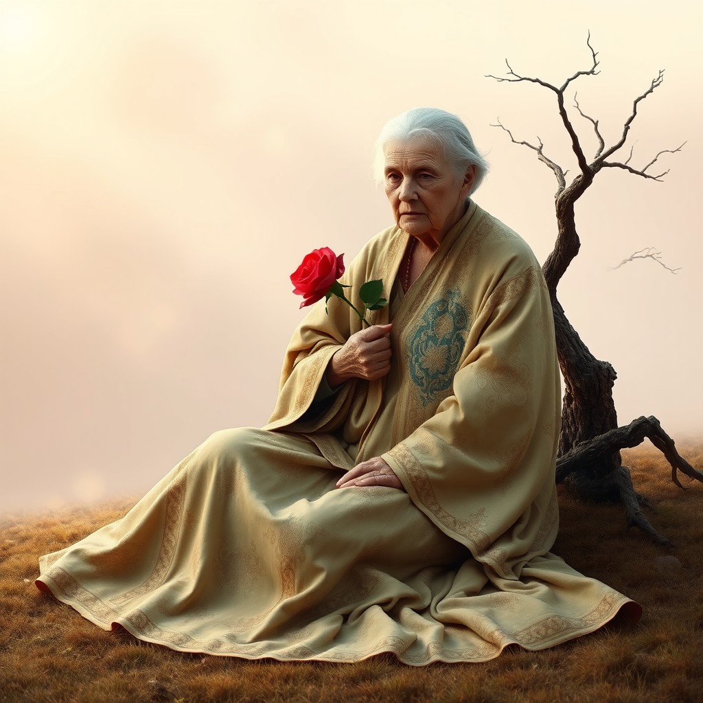 An elderly priestess, dressed in flowing robes with intricate patterns, sitting gracefully on the ground
