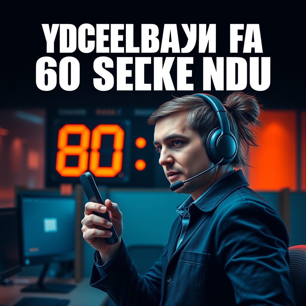 A call center operator in an intense, dynamic pose, wearing a headset with a microphone, holding a phone firmly in one hand