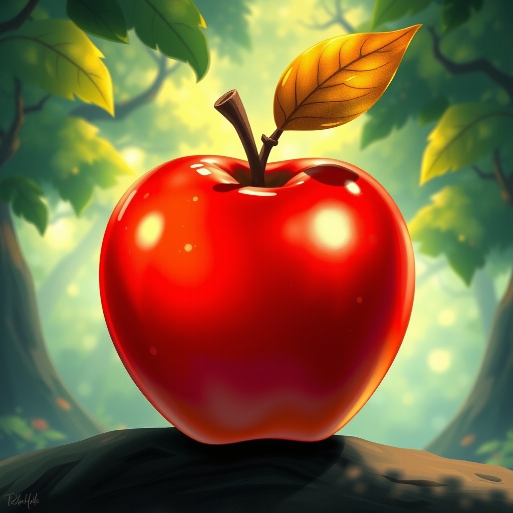 A beautiful, shiny red apple depicted in the whimsical and enchanting Studio Ghibli art style, featuring soft, vibrant colors and intricate details, with a magical background of a lush, green forest reminiscent of Ghibli films