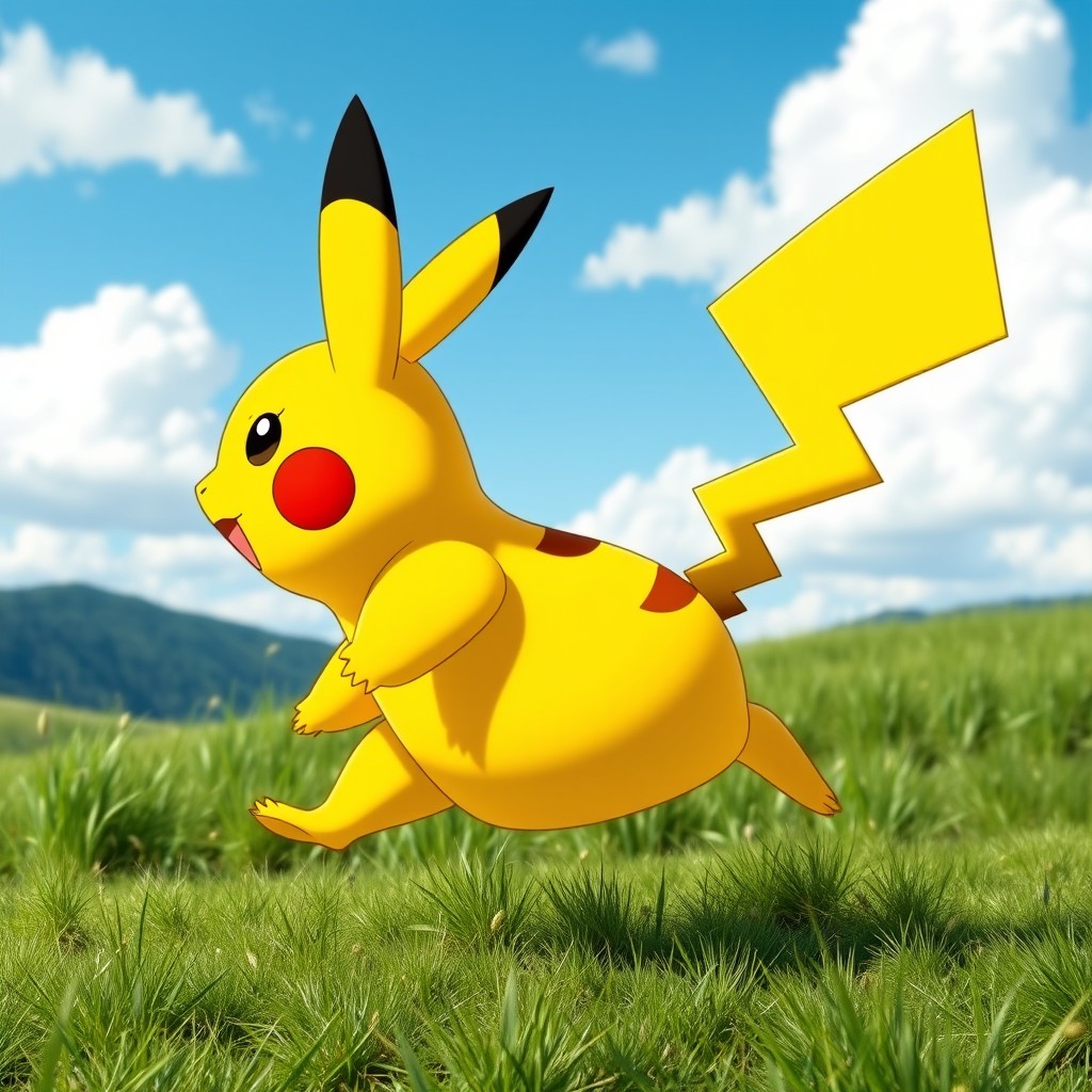 A side profile view of a vibrant Pikachu, characterized by its adorable, chubby physique and bright yellow fur, energetically running