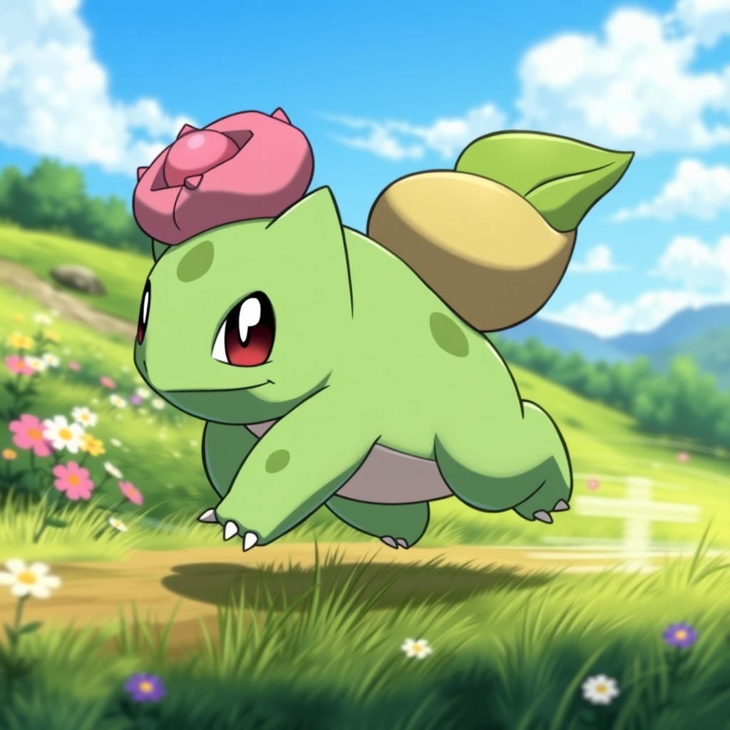 A side profile view of Bulbasaur, an adorable Pokémon, showcasing its green skin, large round eyes, and unique plant bulb on its back