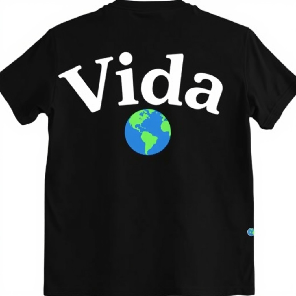 A black t-shirt featuring the word 'Vida' written prominently across the back, centered above an illustration of planet Earth