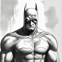 A strikingly detailed pencil sketch of Batman, emphasizing strong shadows and contrasts to accentuate his iconic costume and heroic stature.