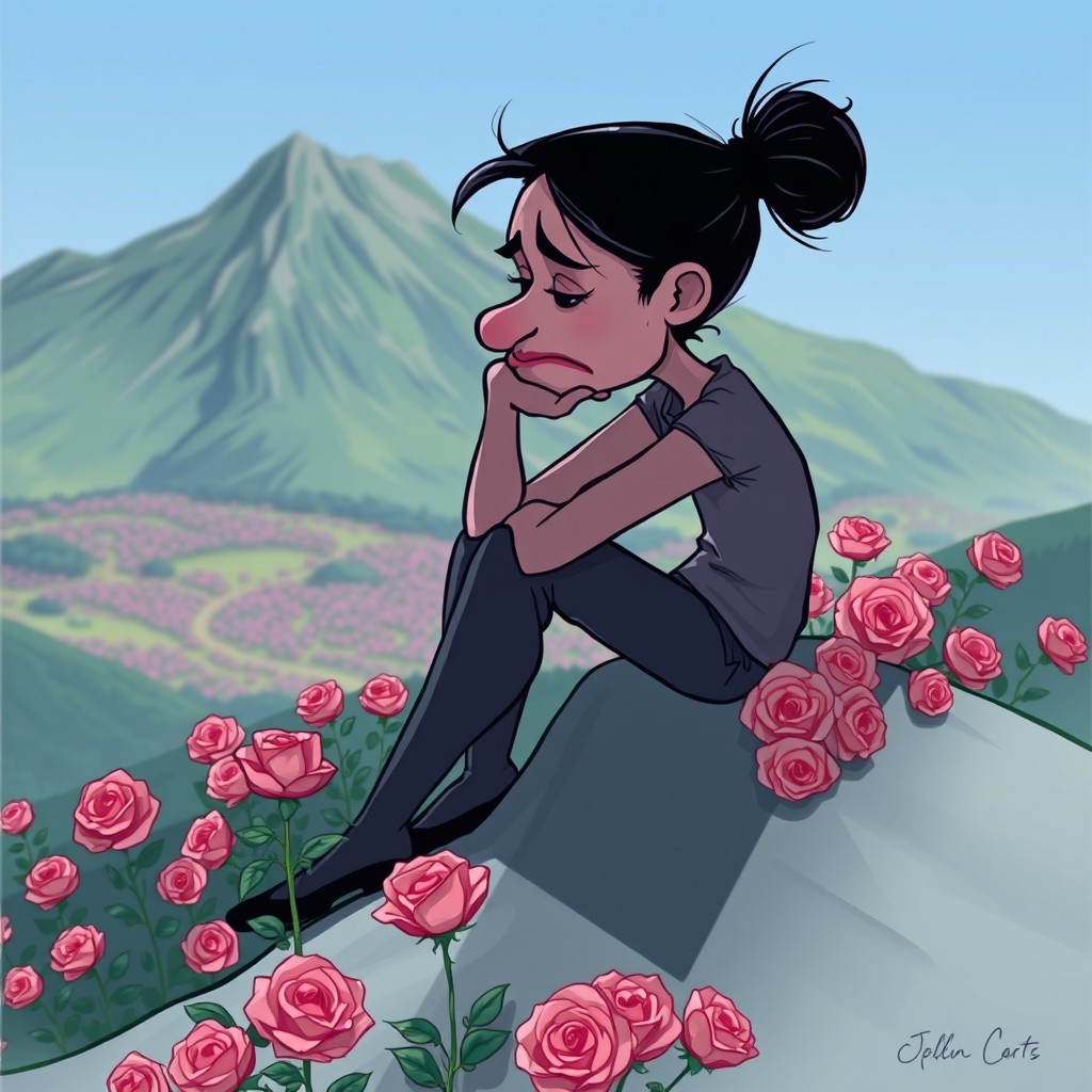 A caricature of a sad person sitting on a mountain, leaning on their chin with a pensive expression
