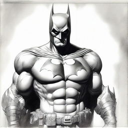 A strikingly detailed pencil sketch of Batman, emphasizing strong shadows and contrasts to accentuate his iconic costume and heroic stature.